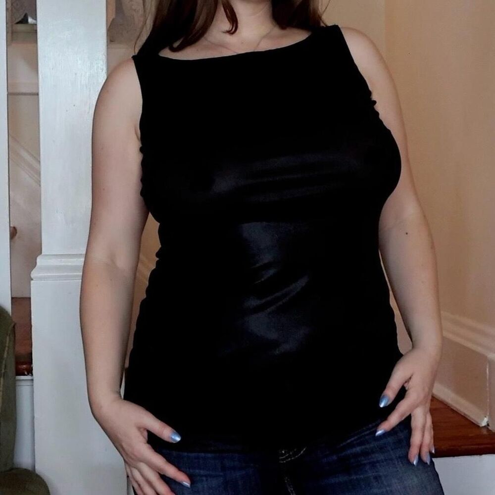 Black Liquid Leather Look Tank Medium Y2K Sheer Whimsigoth Goth Edgy Grunge 90s
